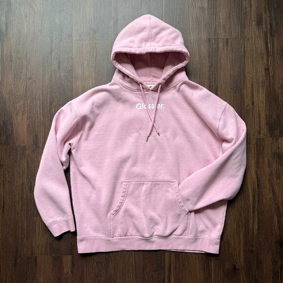 Glossier Original Comfy Pink Logo Hoodie Sweatshirt Fleece Cotton Blend Size XL - Picture 2 of 8
